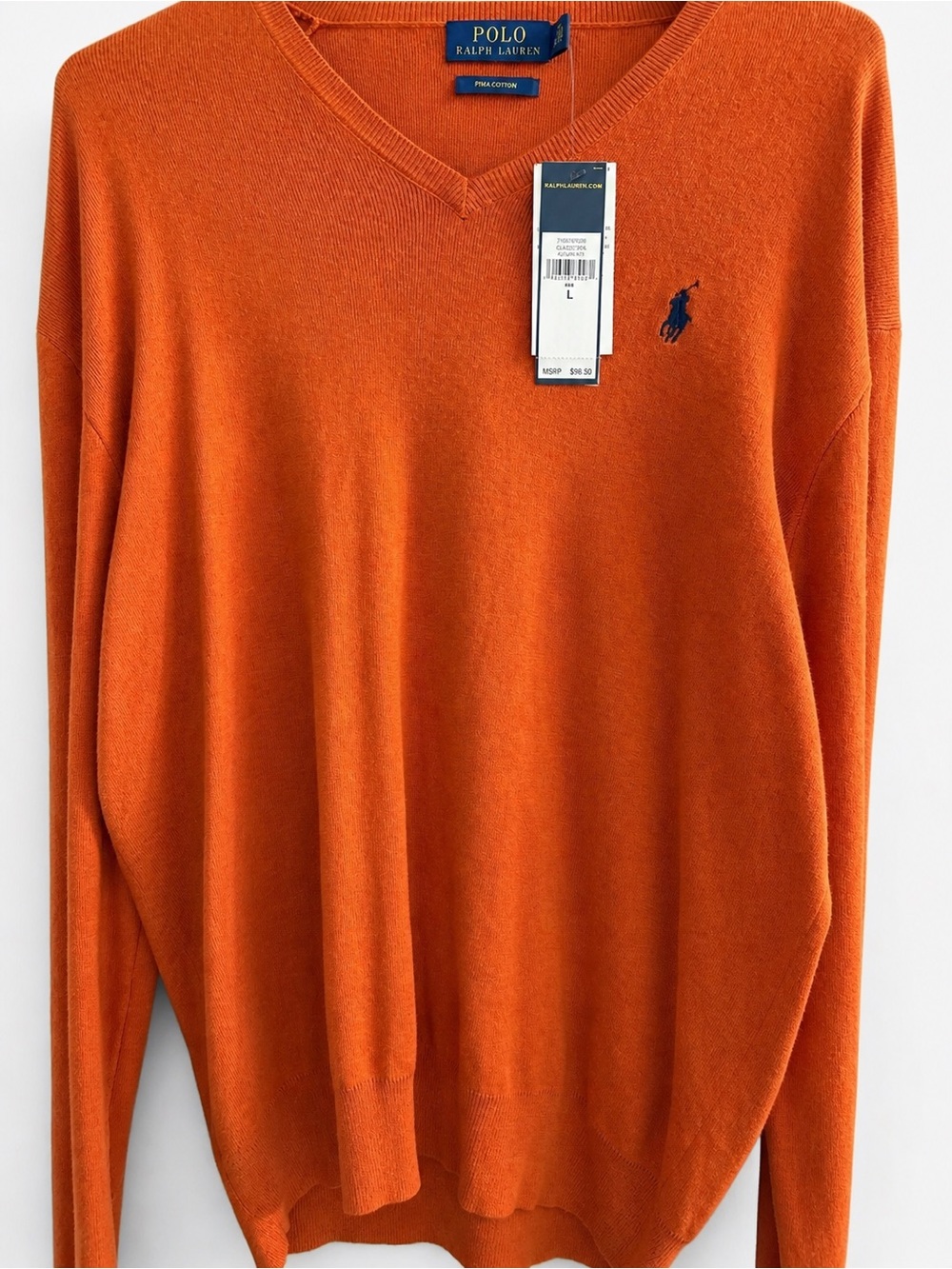 Polo by Ralph Lauren V-Neck Sweater in Orange with Navy Logo